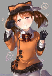 Rule 34 | 1girl, adapted costume, alternate costume, animal ears, bad id, bad pixiv id, black gloves, black skirt, brown eyes, brown hair, cat ears, checkered clothes, checkered shirt, cowboy shot, ghost, gloves, gluteal fold, grey background, grey pantyhose, hat, jack-o&#039;-lantern, japanese clothes, juurouta, kantai collection, kariginu, looking at viewer, orange shirt, pantyhose, pleated skirt, red ribbon, ribbon, ryuujou (kancolle), shirt, skirt, smile, solo, twintails, unmoving pattern, visor cap