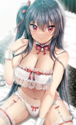 Rule 34 | 1girl, akahito, bare shoulders, bed sheet, black hair, bow, bowtie, bra, breasts, cleavage, closed mouth, detached collar, garter straps, hair between eyes, hair ribbon, highres, large breasts, long hair, looking at viewer, navel, on bed, one side up, original, panties, red bow, red bowtie, red eyes, red ribbon, ribbon, see-through, sitting, smile, solo, strapless, strapless bra, thighhighs, underwear, underwear only, very long hair, white bra, white panties, white thighhighs, wrist cuffs