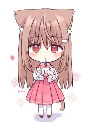 Rule 34 | 1girl, animal ear fluff, animal ears, bendy straw, blush, bow, brown footwear, brown hair, cat ears, cat girl, cat tail, chibi, commentary request, drinking, drinking straw, food, fruit, full body, hair between eyes, hair ornament, hairclip, holding, long hair, long sleeves, nakkar, original, pantyhose, pink bow, pink skirt, plaid, plaid bow, pleated skirt, red eyes, shirt, shoes, skirt, solo, standing, strawberry, tail, very long hair, white background, white pantyhose, white shirt