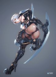 Rule 34 | 1girl, absurdres, ass, black panties, blade, breasts, brown eyes, character name, claws, commentary, cyborg, english commentary, grey background, hand on own hip, high heels, highres, holding, holding weapon, large breasts, looking at viewer, mecha musume, mechanical arms, mechanical legs, open mouth, original, panties, pantyhose, plugsuit, prosthesis, prosthetic arm, running, short hair, simple background, solo, standing, standing on one leg, underboob, underwear, velociraptor, weapon, wei (kaminari0411), white hair