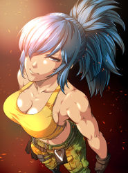 Rule 34 | 1girl, absurdres, bare shoulders, belt, blue eyes, blue hair, breasts, camouflage, camouflage pants, collarbone, from above, gloves, highres, leona heidern, muscular, muscular female, one eye covered, pants, pleasure-treasure, pocket, pony (animal), ponytail, snk, solo, tank top, the king of fighters, the king of fighters xiv, the king of fighters xv, toned, yellow tank top