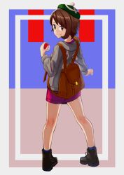 Rule 34 | 1girl, absurdres, backpack, bag, boots, brown eyes, brown hair, cardigan, closed mouth, commentary request, creatures (company), full body, game freak, gloria (pokemon), green hat, hat, highres, holding, holding poke ball, kneepits, legs, long sleeves, looking at viewer, nintendo, poke ball, poke ball (basic), pokemon, pokemon swsh, shirt, short hair, smile, solo, standing, tam o&#039; shanter, tsunaho kn