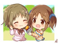 Rule 34 | 2girls, :d, :t, ^ ^, bare shoulders, blue scrunchie, blush, brown eyes, brown hair, chibi, closed eyes, closed mouth, cropped torso, eating, feeding, flower, food, hair flower, hair ornament, hair scrunchie, heart, heart necklace, holding, holding food, idolmaster, idolmaster cinderella girls, jewelry, long sleeves, mimura kanako, multiple girls, necklace, off shoulder, omuretsu, open mouth, roasted sweet potato, scrunchie, shirt, signature, smile, striped clothes, striped shirt, sweet potato, totoki airi, twintails, upper body, white flower, white shirt
