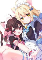Rule 34 | 2girls, :d, ahoge, animal ear fluff, animal ears, apron, bell, black hair, blonde hair, blue bow, blue choker, blush, bow, breasts, cat ears, cat girl, cat tail, center frills, choker, commission, copyright request, fang, frilled apron, frills, hair between eyes, hair bow, hair ornament, hairclip, highres, jingle bell, long hair, maid, maid headdress, medium breasts, multiple girls, neck bell, open mouth, outstretched arm, parted lips, pink bow, pixiv commission, puffy short sleeves, puffy sleeves, red bow, red eyes, sacraneco, short sleeves, smile, tail, very long hair, white apron, wrist cuffs, yellow eyes