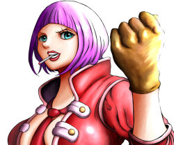 Rule 34 | 1girl, arm up, belo betty, blue eyes, bob cut, brown gloves, cigarette, clenched hand, close-up, collared jacket, commentary request, eyelashes, gloves, jacket, looking at viewer, necktie, one piece, open clothes, open jacket, purple hair, red jacket, red lips, red necktie, short hair, simple background, smile, solo, white background, yumede aetarou