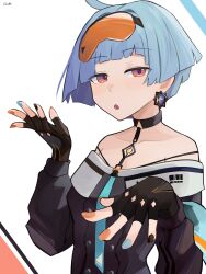 Rule 34 | 1girl, absurdres, ahoge, black choker, black coat, black gloves, black nails, blue hair, blue nails, bob cut, chestnut mouth, choker, coat, collarbone, earrings, fingerless gloves, fingernails, foreshortening, gamryous, girls&#039; frontline, gloves, goggles, goggles on head, hands up, highres, jewelry, looking at viewer, multicolored nails, nail polish, off-shoulder coat, off shoulder, orange eyes, orange nails, short bangs, short hair, signature, simple background, solo, upper body, white background, zas m21 (girls&#039; frontline)