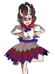 Rule 34 | 1girl, absurdres, arms behind back, arrow print, black hair, commentary, cone horns, dress, eddybird55555, english commentary, grey horns, highres, horns, kijin seija, looking at viewer, multicolored hair, red eyes, red hair, ringed eyes, short hair, simple background, smile, solo, streaked hair, tongue, tongue out, touhou, white background, white dress, white hair