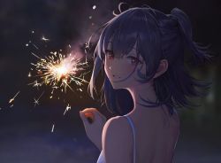 Rule 34 | 1girl, ameyame, bare back, bare shoulders, blurry, blurry background, dress, fireworks, from behind, hair between eyes, highres, holding, holding fireworks, idolmaster, idolmaster shiny colors, looking at viewer, looking back, medium hair, morino rinze, parted lips, ponytail, purple hair, red eyes, sidelocks, smile, smoke, solo, sparks, sundress, upper body