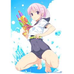 Rule 34 | 1girl, barefoot, breasts, covered navel, dual wielding, gun, holding, holding gun, holding weapon, koutaro, old school swimsuit, one-piece swimsuit, parted lips, pink eyes, pink hair, school swimsuit, school uniform, serafuku, short sleeves, small breasts, solo, splashing, squatting, swimsuit, swimsuit under clothes, water, water gun, weapon