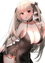Rule 34 | 1girl, :p, azur lane, bare shoulders, black dress, blush, breasts, choker, cleavage, dress, formidable (azur lane), grey hair, halter dress, halterneck, highres, large breasts, long hair, looking at viewer, nephthys2356, o-ring, o-ring choker, red eyes, solo, tongue, tongue out, twintails, two-tone ribbon, very long hair