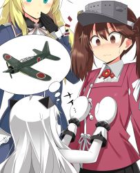 Rule 34 | 10s, 3girls, 501092-taka, abyssal ship, ahoge, aircraft, airplane, atago (kancolle), beret, black gloves, blonde hair, blush, grabbing another&#039;s breast, brown eyes, brown hair, colored skin, dress, embarrassed, flat chest, gloves, grabbing, green eyes, hat, horns, japanese clothes, kantai collection, kariginu, long hair, magatama, military, military uniform, mittens, multiple girls, northern ocean princess, open mouth, ryuujou (kancolle), shikigami, single horn, sleeveless, sleeveless dress, surprised, sweat, twintails, uniform, visor cap, white dress, white hair, white skin, yuri