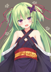 Rule 34 | 1girl, bare shoulders, blush, brown background, butterfly hair ornament, east01 06, green hair, hair ornament, hair ribbon, highres, japanese clothes, long hair, looking at viewer, murasame (senren), open mouth, purple eyes, red ribbon, ribbon, senren banka, solo, two side up