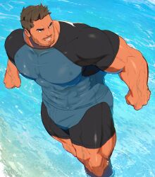 Rule 34 | 1boy, bara, beard stubble, black bodysuit, black male swimwear, blue bodysuit, blue male swimwear, bodysuit, broad shoulders, bulge, clenched hands, covered abs, dark-skinned male, dark skin, diving suit, facial hair, feet out of frame, from above, grin, highres, large pectorals, looking to the side, male focus, male swimwear, marucoi (metabosukiy), mature male, muscular, muscular male, mustache stubble, ocean, original, pectorals, short hair, sideburns, smile, solo, stubble, thick thighs, thighs, turning head, two-tone bodysuit, v-shaped eyebrows, wading, water, wet, wetsuit