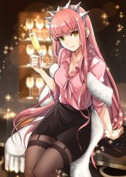 Rule 34 | 1girl, alcohol, aono shimo, bad id, bad pixiv id, black pantyhose, blouse, champagne, champagne flute, closed mouth, cup, drinking glass, fate/grand order, fate (series), frills, garter straps, hairband, indoors, long hair, looking at viewer, medb (fate), medb (formal dress) (fate), pantyhose, pencil skirt, pink hair, pink shirt, shawl, shirt, sitting, skirt, smile, solo, thighband pantyhose, tsurime, very long hair, wine glass, yellow eyes