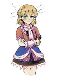 Rule 34 | 1girl, anger vein, angry, arm warmers, blonde hair, cropped legs, green eyes, green nails, highres, himuhino, looking at viewer, mizuhashi parsee, nail polish, pointy ears, scarf, short hair, simple background, skirt, solo, touhou, v-shaped eyebrows, white background