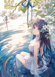 Rule 34 | 1girl, blue eyes, blue hair, blush, breasts, china dress, chinese clothes, dress, flower, fre (haochilanzuo), legs together, long hair, looking at viewer, looking back, original, outdoors, parted lips, pond, ripples, short dress, sidelocks, sitting, small breasts, soaking feet, solo, thighs, very long hair, white dress, white flower