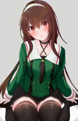Rule 34 | .live, 1girl, :o, black choker, black skirt, black thighhighs, blush, brown hair, choker, collarbone, commentary request, criss-cross halter, green shirt, grey background, hair between eyes, hairband, halterneck, head tilt, highres, long hair, long sleeves, looking at viewer, no shoes, parted lips, pleated skirt, ratsuku kinoko, red eyes, sailor collar, shirt, sitting, skirt, sleeves past wrists, solo, thighhighs, very long hair, virtual youtuber, wariza, white hairband, white sailor collar, yaezawa natori