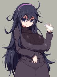 Rule 34 | 1girl, @ @, absurdres, ahoge, alternate breast size, belly, black hair, bottle, breasts, creatures (company), dress, fat rolls, game freak, goth fashion, hairband, hand on own stomach, hex maniac (pokemon), highres, huge breasts, long hair, looking at viewer, messy hair, milk, milk bottle, nintendo, npc trainer, plump, pokemon, pokemon xy, purple eyes, purple hair, sawati, smile, solo
