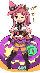 Rule 34 | 1girl, :d, animal ears, breasts, candy, dress, food, full body, hair ribbon, halloween, halloween costume, hat, jack-o&#039;-lantern, long hair, looking at viewer, millie chliette, one eye closed, open mouth, pantyhose, pink hair, pointy ears, ponytail, pumpkin, ribbon, simple background, smile, solo, star ocean, star ocean first departure, striped, tsukisso, white background