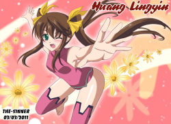 Rule 34 | 10s, 1girl, 2011, ;d, artist name, brown hair, dated, flower, green eyes, hair ribbon, huang lingyin, infinite stratos, leotard, long hair, looking at viewer, one eye closed, open mouth, outstretched arms, pilot suit, ribbon, school swimsuit, smile, solo, spread arms, standing, standing on one leg, swimsuit, the-sinner, twintails