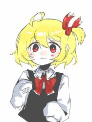 Rule 34 | 1girl, ahoge, black vest, blonde hair, blush, bow, collar, hair ribbon, highres, rain flowhen, red bow, red eyes, ribbon, rumia, simple background, sleeves past fingers, sleeves past wrists, solo, touhou, vest, white background