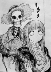 Rule 34 | 1girl, 1other, absurdres, blunt bangs, breasts, chronozbergh, closed mouth, coat, collar, commentary, crosshatching, dress, english commentary, fern (sousou no frieren), frilled collar, frills, grey background, greyscale, hat, hatching (texture), highres, holding, holding staff, large breasts, long hair, looking at viewer, mage staff, monochrome, open clothes, open coat, simple background, skeleton, sousou no frieren, staff, straw hat, traditional media, upper body, wooden staff