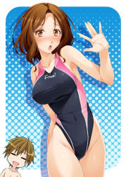 Rule 34 | 10s, 1boy, 1girl, :d, :o, = =, amakata miho, blush, breasts, brown eyes, brown hair, collarbone, competition swimsuit, covered navel, free!, halftone, halftone background, highleg, highleg swimsuit, highres, large breasts, mukunokino isshiki, one-piece swimsuit, open mouth, topless male, short hair, smile, swimsuit, tachibana makoto