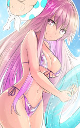 Rule 34 | 1girl, bare arms, bare shoulders, bikini, breasts, commentary request, cowboy shot, front-tie bikini top, front-tie top, groin, hair between eyes, hata no kokoro, highres, holding, innertube, large breasts, long hair, looking at viewer, navel, one-hour drawing challenge, parted lips, pink eyes, pink hair, purple bikini, side-tie bikini bottom, solo, standing, stomach, swim ring, swimsuit, thighs, touhou, very long hair, y2