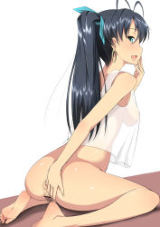 Rule 34 | 1girl, 94plum, :d, absurdres, anal hair, antenna hair, anus, ass, bare shoulders, barefoot, black hair, blue eyes, bottomless, breasts, camisole, censored, earrings, fang, feet, female pubic hair, ganaha hibiki, hair ribbon, highres, hoop earrings, idolmaster, idolmaster (classic), jewelry, kneeling, looking at viewer, looking back, nipples, no bra, no panties, open mouth, ponytail, pubic hair, pussy, ribbon, see-through, smile, soles, solo, tank top, toes