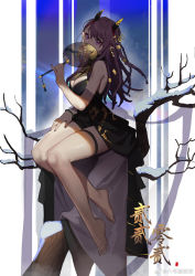 Rule 34 | 1girl, arknights, bahaochaojiqiu, bare arms, bare legs, bare shoulders, bare tree, barefoot, between breasts, black dress, black necktie, blush, braid, breasts, cleavage, dress, earrings, full body, gradient background, hand fan, highres, holding, holding fan, horns, jewelry, large breasts, lava (arknights), lava the purgatory (arknights), lava the purgatory (dusk wisteria) (arknights), looking at viewer, multiple braids, nail polish, necktie, necktie between breasts, official alternate costume, paper fan, pointy ears, purple eyes, purple hair, purple nails, shawl, short dress, sitting, sleeveless, sleeveless dress, snow, solo, thigh strap, tree, uchiwa, weibo watermark