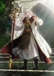 Rule 34 | 1boy, black footwear, full body, glasses, gold trim, highres, holding, holding staff, juju leelin, long hair, looking at viewer, male focus, outdoors, panmijin99, pixiv fantasia, pixiv fantasia scepter of zeraldia, robe, solo, staff, stairs, standing, statue, tassel, white hair, wide sleeves