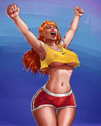 Rule 34 | 1girl, alias artworks, breasts, closed eyes, covered erect nipples, crop top, highres, large breasts, long hair, nami (one piece), one piece, open mouth, orange hair, shorts, smile, solo, underboob