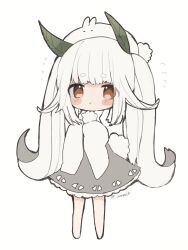 Rule 34 | 1girl, :o, animal, animal on head, artist name, blush stickers, chibi, dress, flying sweatdrops, full body, grey dress, highres, long sleeves, on head, open mouth, original, ovoip, plant hair, rabbit, rabbit on head, rabbit tail, red eyes, simple background, standing, tail, triangle mouth, twintails, twitter username, white background, white sleeves, wide sleeves