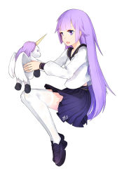 Rule 34 | 1girl, :d, alternate costume, alternate hairstyle, azur lane, commentary request, full body, holding, long hair, aged up, open mouth, pleated skirt, purple eyes, purple hair, school uniform, serafuku, shoes, simple background, skirt, smile, solo, stuffed animal, stuffed toy, stuffed unicorn, stuffed winged unicorn, thighhighs, unicorn (azur lane), white background, white thighhighs, yun cao bing, zettai ryouiki