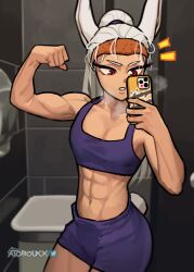 Rule 34 | 1girl, ^^^, abs, absurdres, alternate hairstyle, animal ears, artist name, atoroux, bathroom, boku no hero academia, cellphone, cowboy shot, flexing, highres, holding, holding phone, midriff, mirko, muscular, muscular female, phone, rabbit ears, rabbit girl, rabbit tail, red eyes, selfie, shorts, smartphone, solo, tail, tank top, white hair