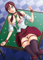 Rule 34 | 00s, 1girl, areola slip, bare shoulders, bdsm, blue eyes, board game, bondage, bound, bra, breasts, brown hair, chain, checkered floor, collar, evangelion: 2.0 you can (not) advance, floor, glasses, hair over breasts, hairband, highres, large breasts, lingerie, lying, mahjong, makinami mari illustrious, necktie, neon genesis evangelion, off shoulder, on back, open mouth, plaid, plaid skirt, rebuild of evangelion, school uniform, skirt, solo, thigh gap, thighhighs, toyatei, twintails, underwear