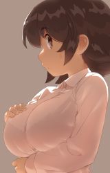 Rule 34 | backlighting, breasts, brown background, brown eyes, brown hair, highres, large breasts, looking at viewer, monosenbei, original, see-through, shirt, short hair, simple background, solo, sweatdrop, wet, wet clothes, wet shirt