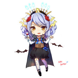 Rule 34 | 1girl, alternate costume, artist name, bat (animal), black cape, black footwear, black skirt, blue bow, blue hair, blue ribbon, bow, bubble skirt, cape, chibi, cup, drinking glass, flower, full body, garter straps, hair flower, hair ornament, halloween, headgear, holding, holding cup, holding drinking glass, juno (warship girls r), looking at viewer, neet cangshu, parted bangs, pointy ears, ribbon, shoes, simple background, skirt, solo, standing, text focus, thighhighs, vampire, vampire costume, waistcoat, warship girls r, white background, white thighhighs, wine glass, yellow eyes