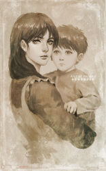 Rule 34 | 1boy, 1girl, art of neight, artist name, carla yeager, carrying, child, commentary, dress, english commentary, eren yeager, frown, hair over shoulder, highres, mother and son, shingeki no kyojin, twitter logo, watermark
