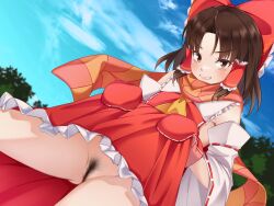 Rule 34 | 1girl, ascot, black hair, blue sky, bow, brown eyes, clothes lift, cloud, commentary request, detached sleeves, dutch angle, female pubic hair, frilled skirt, frills, gloves, hair bow, hair tubes, hakurei reimu, highres, lifted by self, momendoufu, no panties, outdoors, parted lips, pubic hair, red bow, red gloves, ribbon-trimmed sleeves, ribbon trim, short hair, sidelocks, skirt, skirt lift, sky, solo, touhou, yellow ascot