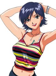 Rule 34 | 1990s (style), 1girl, armpits, arms up, blue eyes, blue hair, bra, breasts, camisole, earrings, jewelry, katsura ken&#039;ichirou, large breasts, lingerie, lipstick, makeup, matching hair/eyes, midriff, miki (viper), navel, necklace, retro artstyle, short hair, simple background, smile, solo, tattoo, underwear, viper, viper ctr, white background