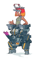 Rule 34 | 1girl, bandaid, bandaid on face, bandaid on nose, clenched hand, dark-skinned female, dark skin, full body, mecha, mizuno shinya, multicolored hair, open hand, open mouth, orange hair, original, pink eyes, red hair, ribbed sweater, robot, science fiction, shadow, short hair, sleeveless, sleeveless sweater, smile, sweater, two-tone hair