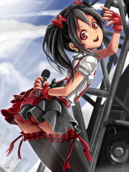Rule 34 | 10s, 1girl, ass, black hair, bokura wa ima no naka de, cloud, earrings, fingerless gloves, flyingfish-mat, gloves, holding, holding microphone, jewelry, love live!, love live! school idol project, microphone, outdoors, red eyes, sky, solo, suspenders, thighhighs, twintails, yazawa nico