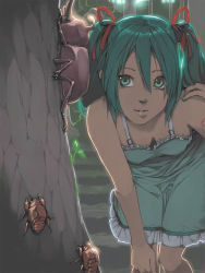Rule 34 | 1girl, akinbo (hyouka fuyou), bad id, bad pixiv id, bare shoulders, beetle, bug, cicada, downblouse, dress, frilled dress, frills, green dress, green eyes, green hair, green nails, hair between eyes, hair ribbon, hatsune miku, insect, leaning forward, matching hair/eyes, nail polish, parted bangs, parted lips, ribbon, sleeveless, sleeveless dress, solo, spaghetti strap, tree, vocaloid