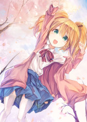 Rule 34 | 10s, 1girl, :d, alice cartelet, blonde hair, blue eyes, blush, cardigan, fal maro, highres, kin-iro mosaic, looking at viewer, open cardigan, open clothes, open mouth, short hair, skirt, smile, solo, thighhighs, twintails, waving, white thighhighs