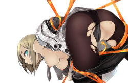 Rule 34 | 1girl, accessory (freedom wars), aqua eyes, ass, bad id, bad nijie id, bdsm, blonde hair, bondage, bound, bound arms, breasts, cameltoe, clothes pull, freedom wars, from behind, hanging breasts, looking back, nipples, nurami (shouji), open clothes, panties, pantyhose, restrained, skirt, skirt pull, solo, tentacles, torn clothes, torn pantyhose, underwear