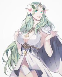 Rule 34 | 1girl, bikini, breasts, cleavage, fire emblem, fire emblem: three houses, fire emblem heroes, flower, green eyes, green hair, grey background, hair flower, hair ornament, large breasts, lips, long hair, looking at viewer, nintendo, official alternate costume, open mouth, pink flower, pink lips, rhea (fire emblem), rhea (summer) (fire emblem), simple background, smile, solo, swimsuit, tsukimura noe, white bikini