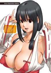 Rule 34 | 1girl, action pizazz, bare shoulders, black eyes, black hair, breasts, cleavage, fingernails, highres, japanese clothes, large breasts, long fingernails, looking at viewer, medium hair, open mouth, saigado, sidelocks, simple background, sleeveless, smile, solo, upper body, white background, wide sleeves