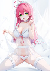 Rule 34 | 1girl, ahoge, alternate costume, bare arms, bare shoulders, breasts, choker, cleavage, commentary request, finger heart, frilled thighhighs, frills, gluteal fold, green eyes, highres, hololive, large breasts, long hair, looking at viewer, navel, nightgown, nyan (reinyan 007), paid reward available, panties, pink hair, sakura miko, see-through, see-through veil, solo, thighhighs, tiara, underwear, veil, virtual youtuber, white choker, white nightgown, white panties, white thighhighs