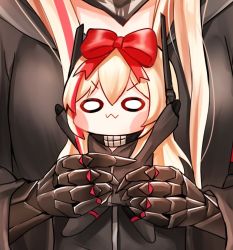 Rule 34 | :3, armband, arms up, black jacket, black scarf, black skirt, blonde hair, blush, close-up, closed mouth, commentary request, doll, gauntlets, girls&#039; frontline, gloves, hair ribbon, headgear, holding, holding doll, honyang, jacket, long hair, looking at viewer, m4 sopmod ii (girls&#039; frontline), m4 sopmod ii jr, mechanical arms, multicolored hair, o o, red armband, red hair, red ribbon, ribbon, scarf, sidelocks, single mechanical arm, skirt, solo focus, streaked hair, white background, white eyes
